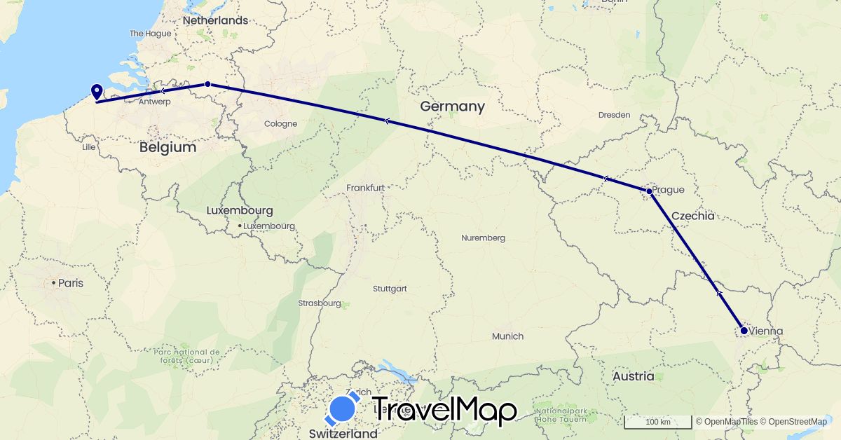 TravelMap itinerary: driving in Austria, Belgium, Czech Republic, Netherlands (Europe)